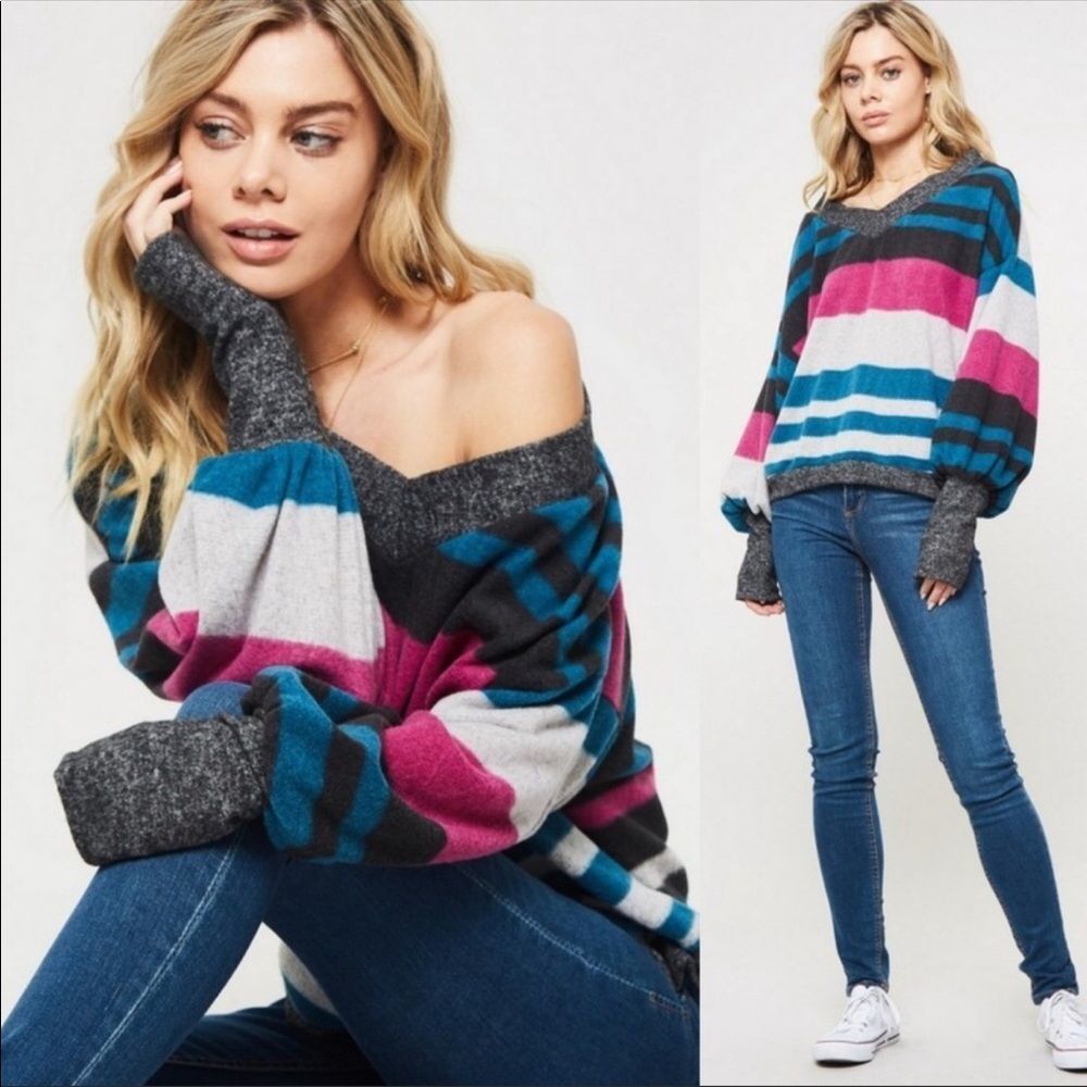 RAINBOW Balloon Sleeve Striped Sweater